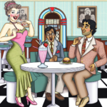 An illustration of a 20th-century diner scene. It showcases a sassy Caucasian woman wearing a quirky attire that matches the time period, delightfully enjoying her strawberry milkshake at the table with an astonished South Asian man sitting opposite her, wearing a suit with a vintage tie. The scene includes a jukebox in the background with tables, high stools, and checkered floor tiling. In the foreground, a mystified Middle-Eastern diner employee holding a tray of various meals, looks on, interpreting the air of satisfaction that surrounds the woman.