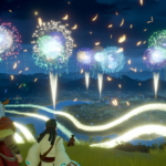 A spectacular scene from the game 'Sky: Children of the Light'. The focus is on a mesmerizing display of dazzling fireworks that light up the night sky. The fireworks are multi-colored and they spread across the sky forming various shapes. The ground below is lit by the cascading light from the fireworks, revealing landscape details with hills and plains. There are characters watching in awe, their faces illuminated by the sparkling display. They are dressed in flowing robes suggestive of the aesthetic of the game.