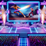 An epic scene of a virtual fighting game championship stage is lit in vibrant neon lights, the energy from the crowd is palpable, electrifying the atmosphere. On this massive stage, two differentiated digital fighters, a large muscular figure in dynamic martial arts pose and a slim, agile fighter in a defensive stance, are frozen in the middle of an intense combat. Huge screens project the drama for the crowd, as pyrotechnics light up the stage and confetti rains down. Please note that this concept is unrelated to any specific game franchise or character, providing a generalized depiction of a hypothetical fighting game scene.