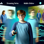 Create an image depicting a generic adolescent boy, with brown hair and glasses, standing in a middle position with two blurred figures on either side to symbolize a middle child. The boy is holding a remote control, implying his control over a streaming platform. In the background, there is a user interface of a streaming service, displaying a series about familial dramas and humor.