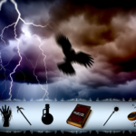 Depict an ominous and chaotic scene indicative of magic, murder, and uncontrollable chaos. Let there be a stormy sky with dark clouds and lightning. In the foreground, display symbols associated with magic such as an ancient book, a wand or a magical potion. Add a touch of sinister presence to suggest murder, like a shadowy figure or an ominous raven. The overall atmosphere should reflect the darkness and confusion implied by the title.